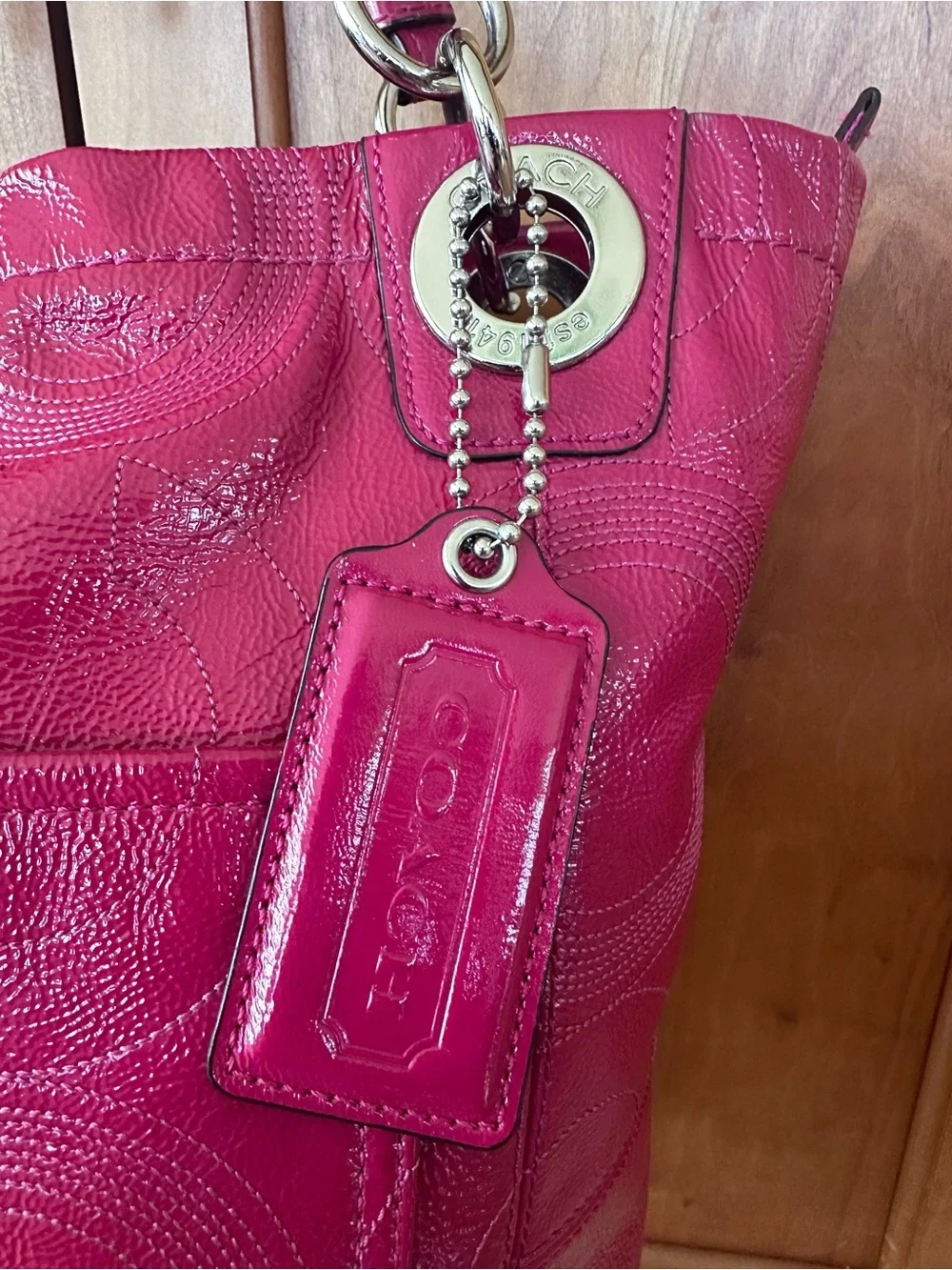 Coach Alex Fuchsia Pink Signature C Patent Leather Tote Shoulder Bag Y2K